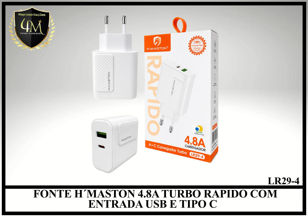 E36 - FONTE H´MASTON 4.8A TURBO RAPIDO COM ENTRADA USB E TIPO C LR29-4