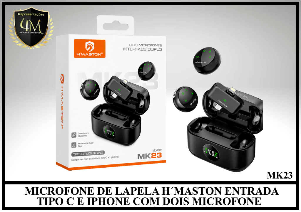M08 - MICROFONE DE LAPELA H´MASTON ENTRADA TIPO C E IPHONE COM DOIS MICROFONE MK23