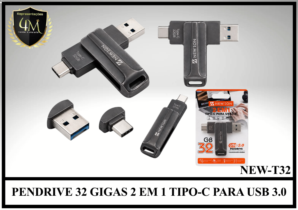 PEN 08 PENDRIVE 32 GIGAS 2 EM 1 TIPO-C PARA USB 3.0 NEW-T32