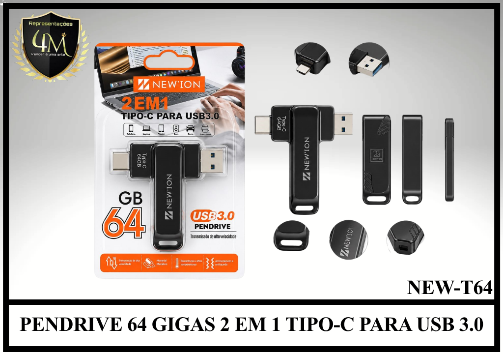 PEN 09 PENDRIVE 64 GIGAS 2 EM 1 TIPO-C PARA USB 3.0 NEW-T64