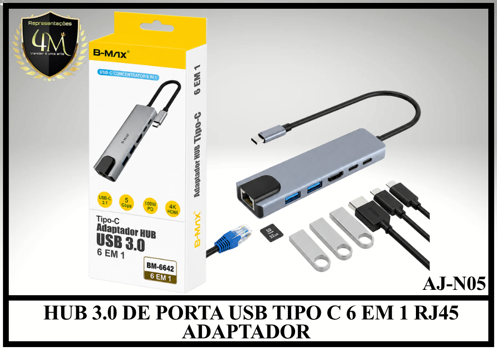 HUB 04 HUB 3.0 DE PORTA USB TIPO C 6 EM 1 RJ45 ADAPTADOR AJ-N05