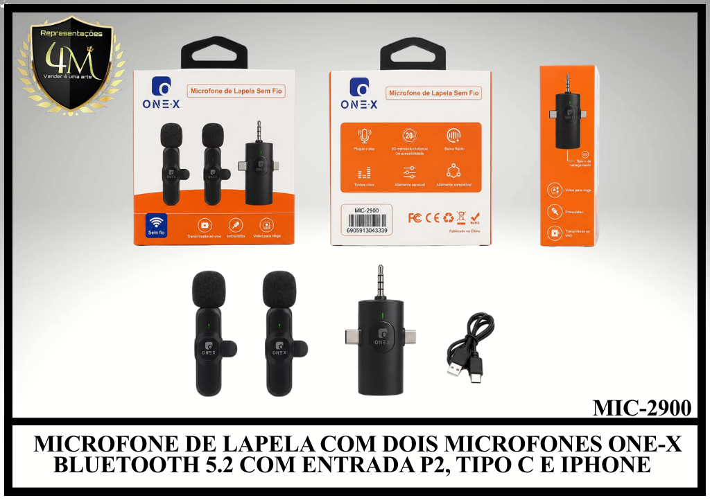M09 - MICROFONE DE LAPELA COM DOIS MICROFONES ONE-X BLUETOOTH 5.2 COM ENTRADA P2, TIPO C E IPHONE MIC-2900