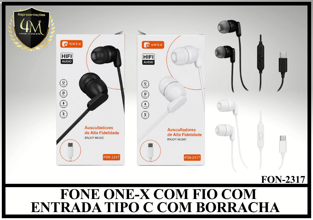 D69-0 - FONE ONE-X COM FIO COM ENTRADA TIPO C COM BORRACHA FON-2317