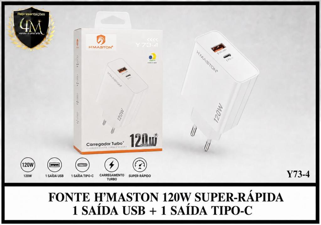 E38 - FONTE H´MASTON 120W 1 SAIDA USB + 1 SAIDA TIPO C SUPER RAPIDO Y73-4