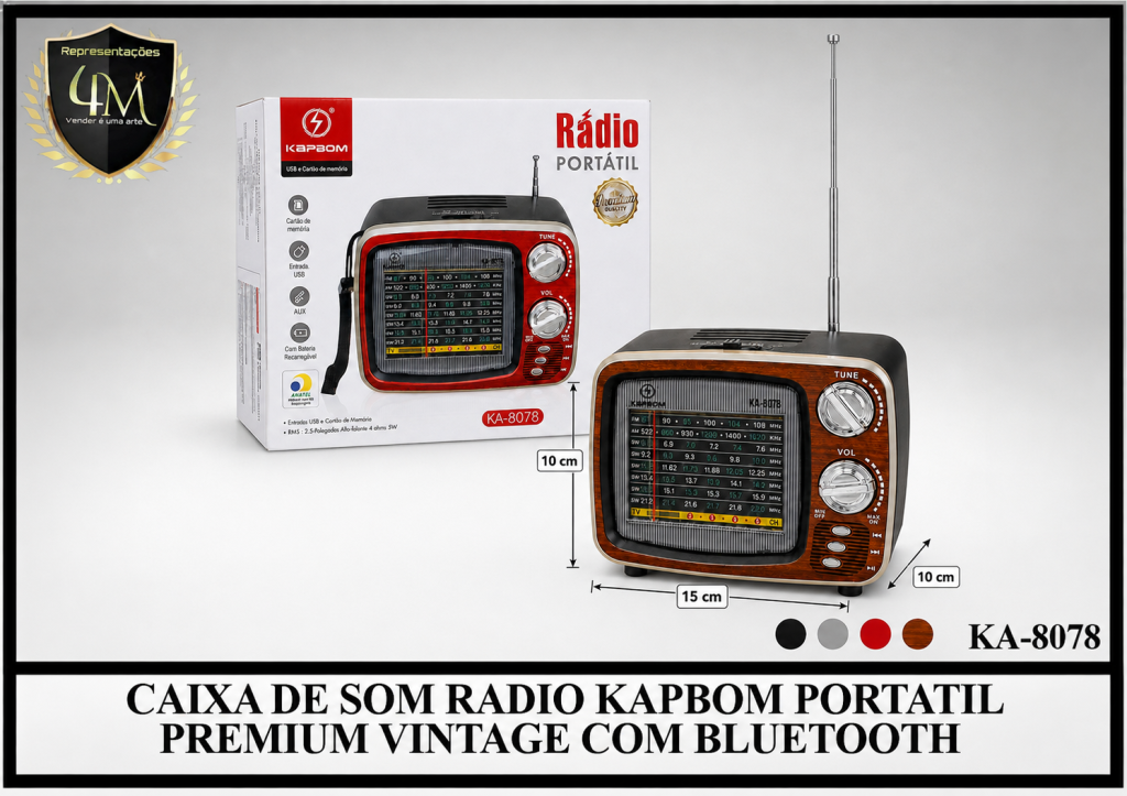 CX 38 CAIXA DE SOM RADIO KAPBOM PORTATIL PREMIUM VINTAGE COM BLUETOOTH KA-8078