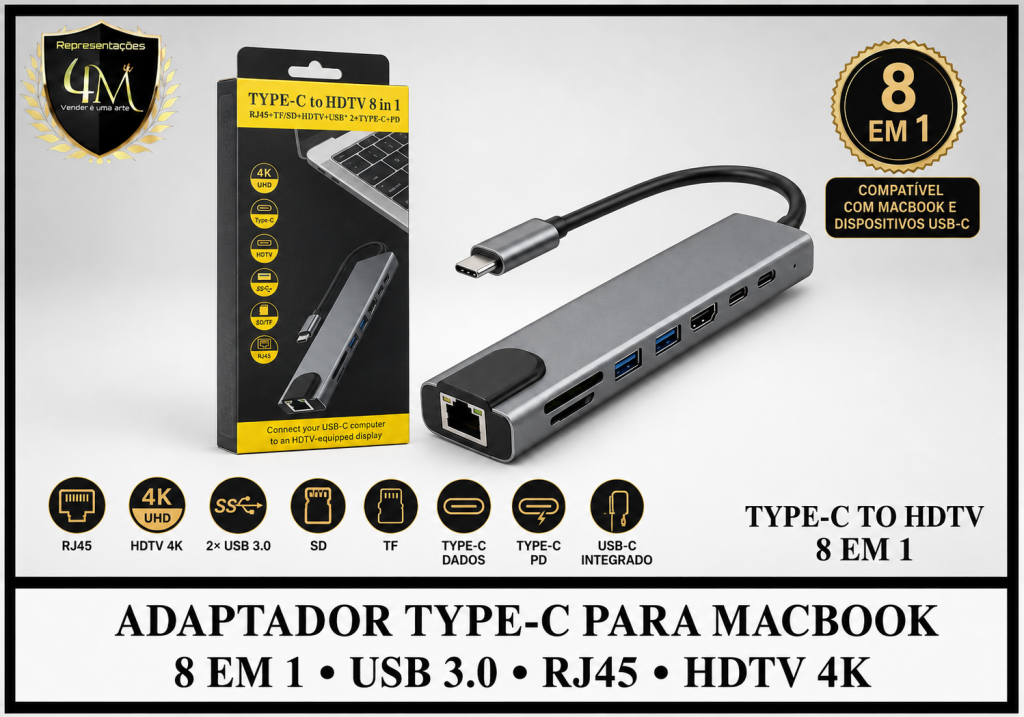 DAP 75 ADAPTADOR TIPO C MACBOOK COM USB 3.0 ENTRADA RJ 45 8 EM 1 TYPE-C TO HDTV