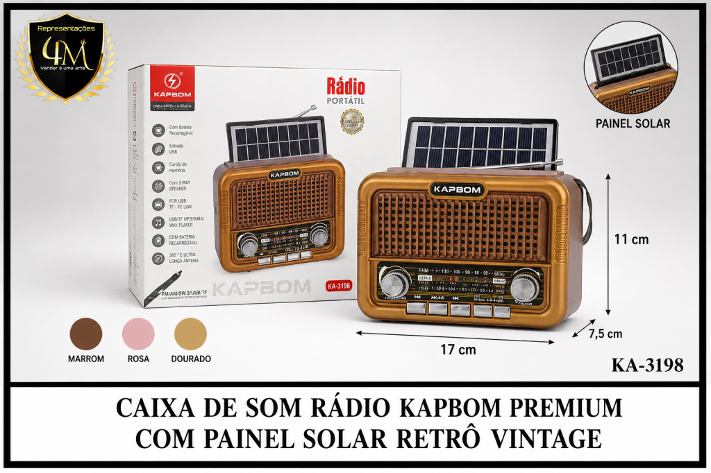 CX 41 CAIXA DE SOM RADIO KAPBOM PREMIUM COM PAINEL SOLAR RETRO VINTAGE KA-3198