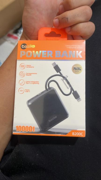 E033 POWER BANK BASIKE COM CABO TIPO C E IPHONE TECNOLOGIA POWER DELIVERY 20W 10000mAh B200C
