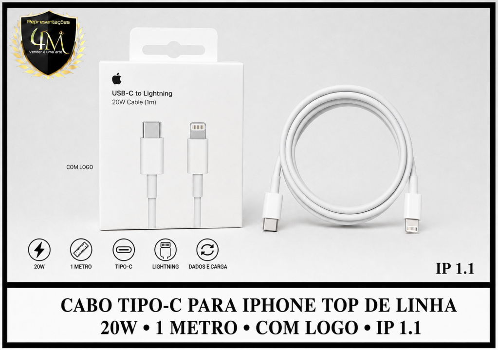 A01-1- CABO TIPO C PARA IPHONE APPLE IP QUALIDADE 1.1 TOP DE LINHA (COM LOGO) 1M
