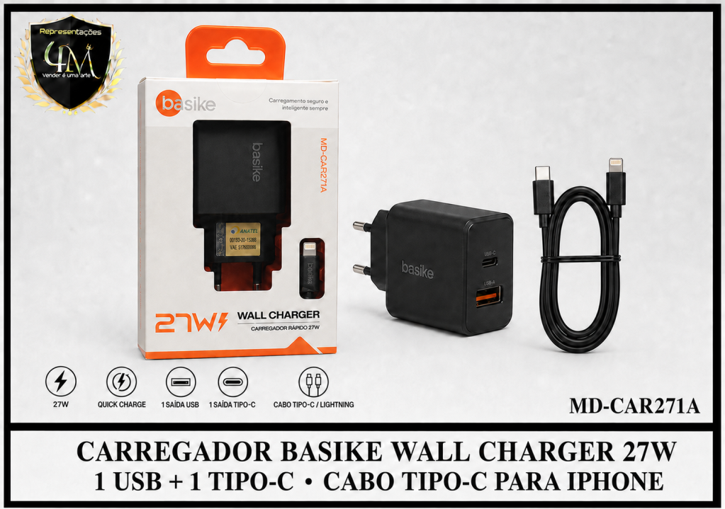 B104 - CARREGADOR BASIKE WALL CHARGER QUICK CHARGE TURBO 27W COM 1 USB E 1 TIPO C TIPO C PARA IPHONE MD-CAR271A