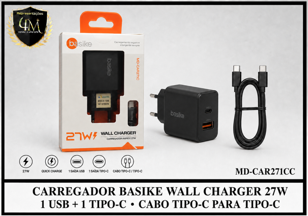 B104-1 - CARREGADOR BASIKE WALL CHARGER QUICK CHARGE TURBO 27W COM 1 USB E 1 TIPO C TIPO C PARA TIPO C MD-CAR271C