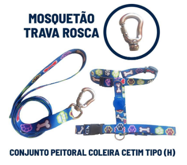 CONJUNTO PEITORAL COLEIRA SEDA - GRANDE (TIPO H) - MOSQUETÃO TRAVA ROSCA