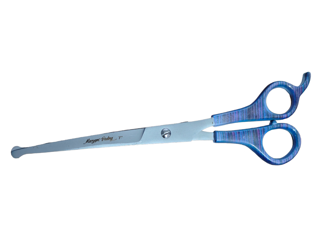 TESOURA CURVA PRATA FOSCO CABO REVESTIDO ARTE AZUL PONTA PROTEGIDA 7'' - MARYAM TRADING