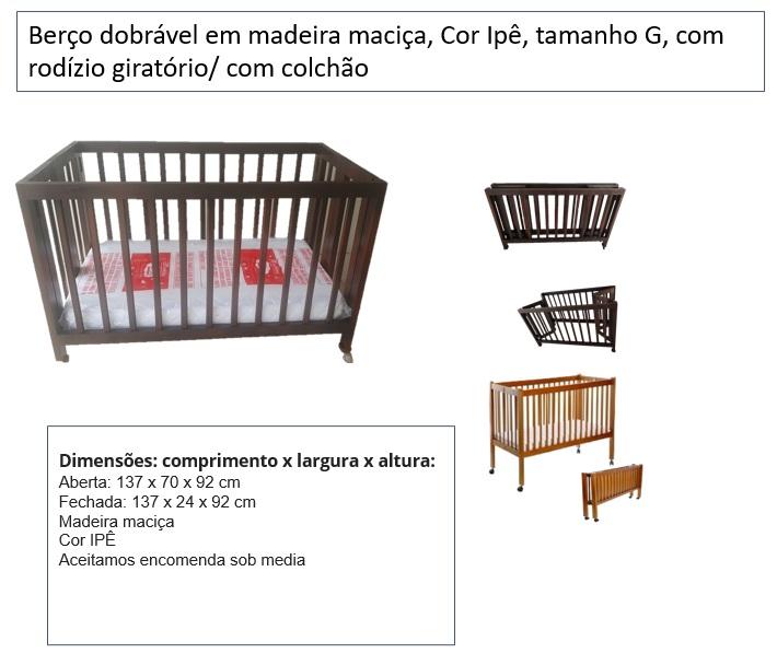 BERÇO DOBRAVEL MADEIRA MACIÇA COR IPÊ C/ COLCHÃO