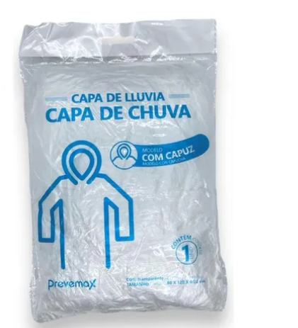 CAPA DE CHUVA TRANSPARENTE COM CAPUZ S/ELASTICO NO PUNHO - PREVEMAX