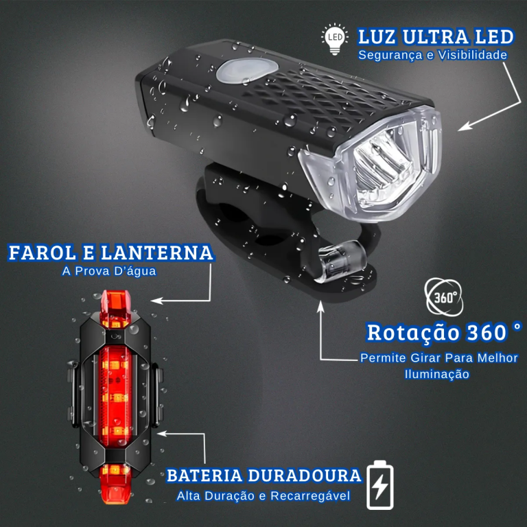 KIT LANTERNA E FAROL BIKE LUZ  C/LED ULTRA FORTE RECARREGAVEL