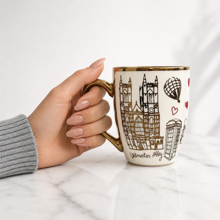 A Caneca de Porcelana Estampa Londres em Dourado STR015, Caixa c/72 UN, colocar no carrinho somente múltiplos da caixa.