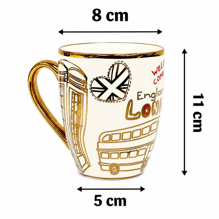 A Caneca de Porcelana Estampa Londres em Dourado STR015, Caixa c/72 UN, colocar no carrinho somente múltiplos da caixa.