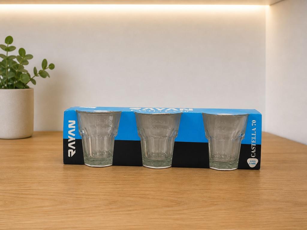 A Kit Copo de Vidro Castella c/ 3 un 270 ml RYG6179, Caixa c/12 Kit, colocar no carrinho somente múltiplos da caixa.