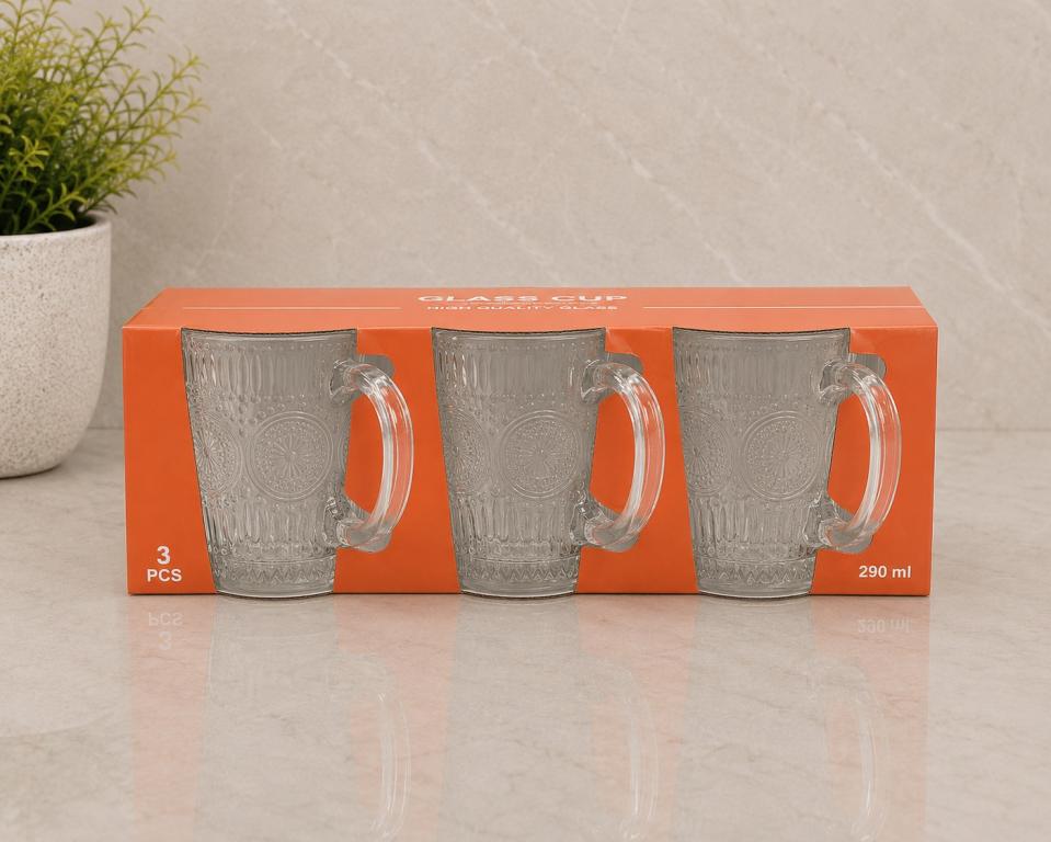 A Kit Caneca de Vidro Relief c/3 un 255 ml MS1008, Caixa c/24 UN, colocar no carrinho somente múltiplos da caixa.