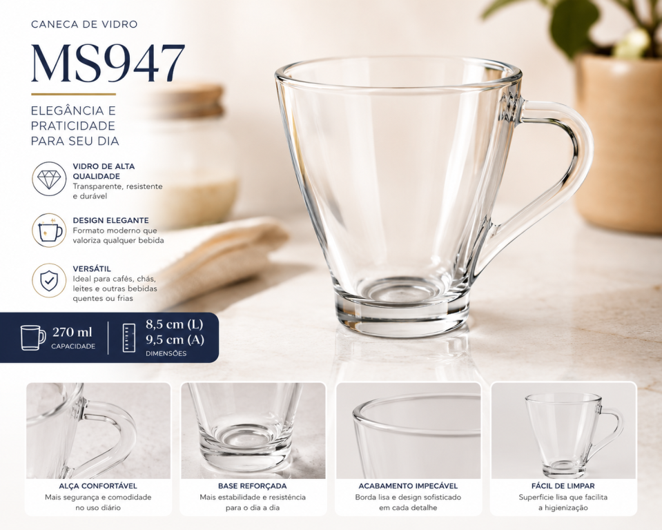 A Caneca de Vidro 270 ml 8,5L x 9,5a MS947, Caixa c/72 UN, colocar no carrinho somente múltiplos da caixa.