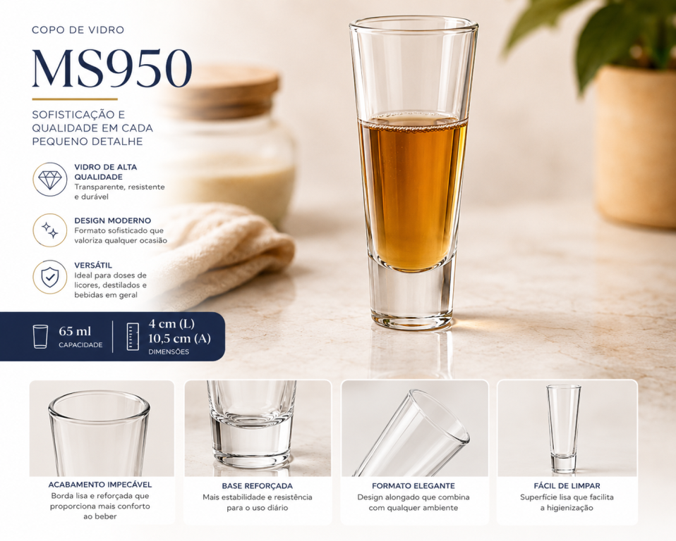 A Copo de Vidro 65ml 4L x 10,5a MS950, Caixa c/ 144 UN, colocar no carrinho somente múltiplos da caixa.