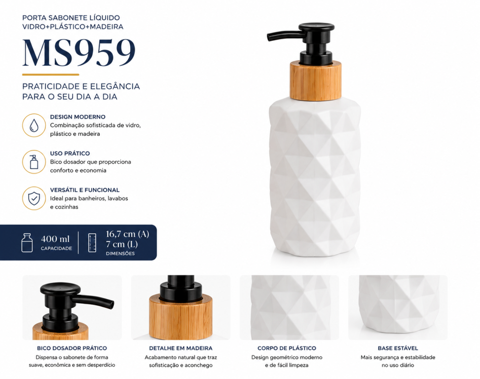J Porta Sabonete Líquido Vidro 400ml MS959, Caixa c/ 48 UN, colocar no carrinho somente múltiplos da caixa.