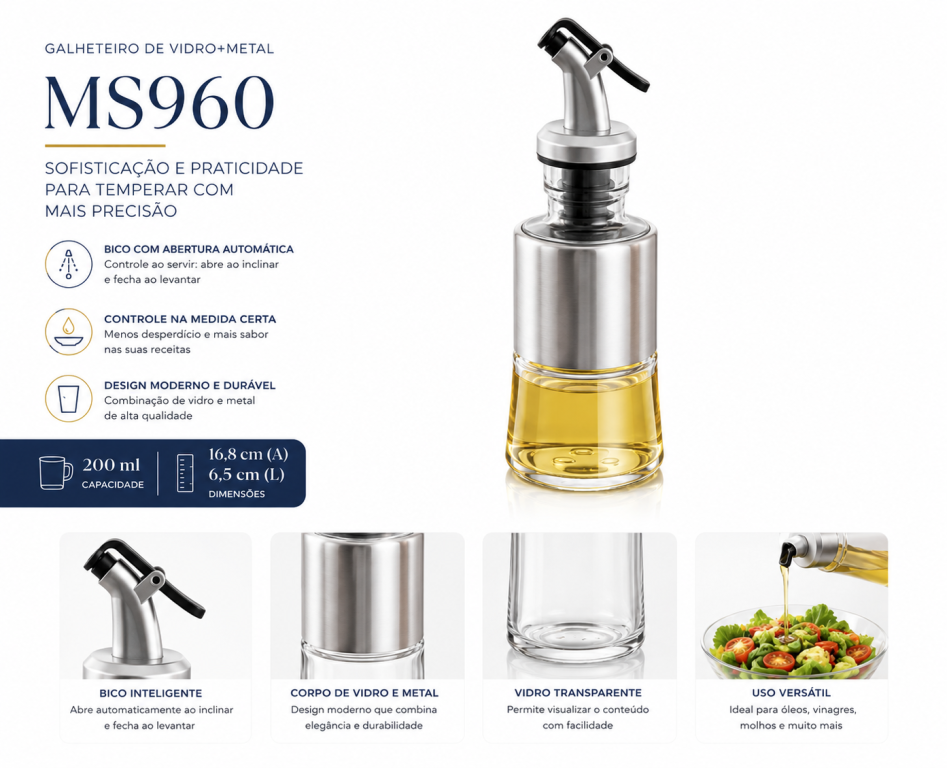 J Galheteiro de Vidro + Metal 200 ml MS960, Caixa c/ 60 UN, colocar no carrinho somente múltiplos da caixa.