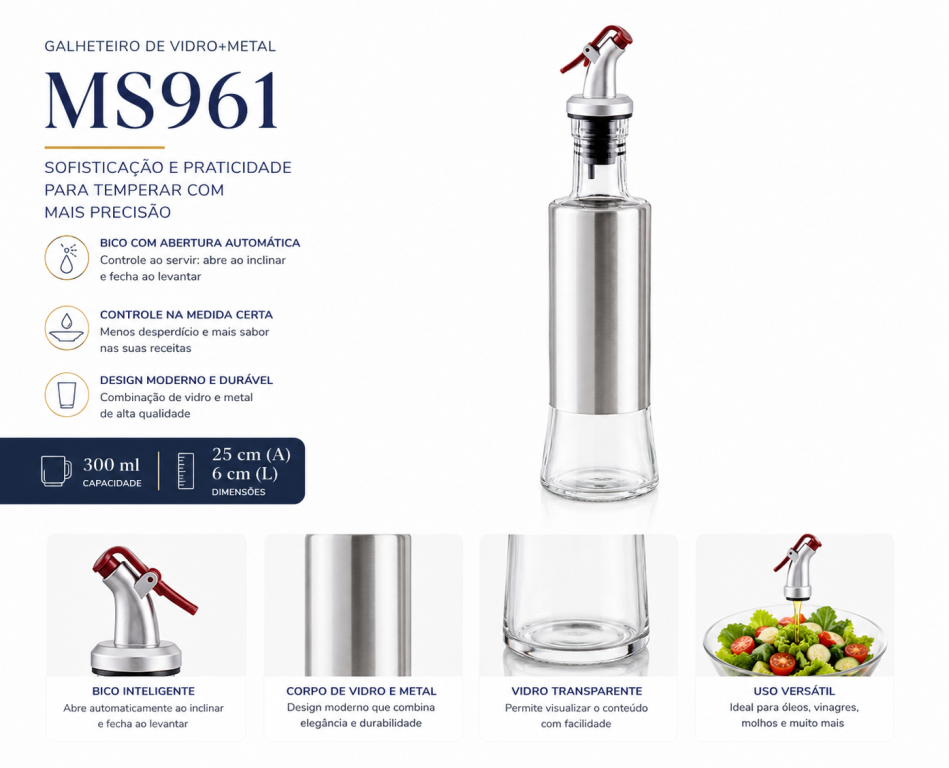 J Galheteiro de Vidro + Metal 300 ml 6L x 25A MS961, Caixa c/ 48 UN, colocar no carrinho somente múltiplos da caixa.