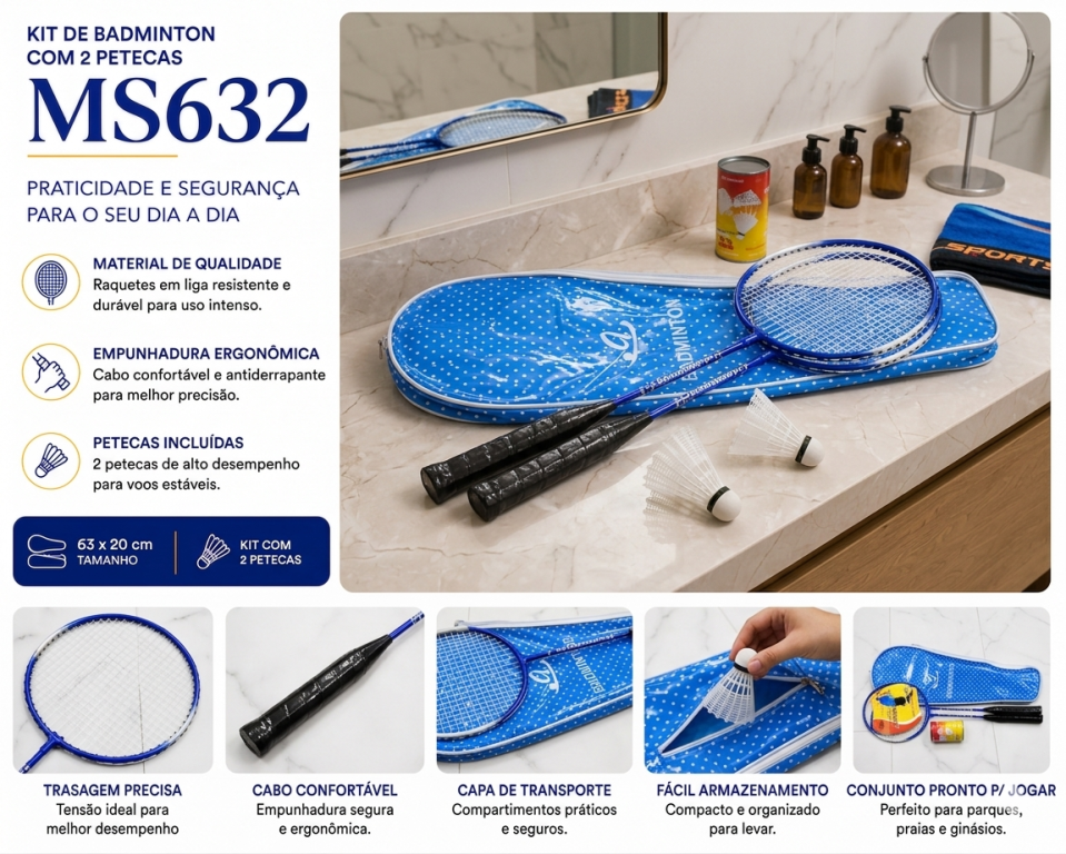 G Raquete de Badminton c/ 2 Petecas 63x20 cm, Pac c/12 UN, colocar no carrinho somente múltiplos do pac.