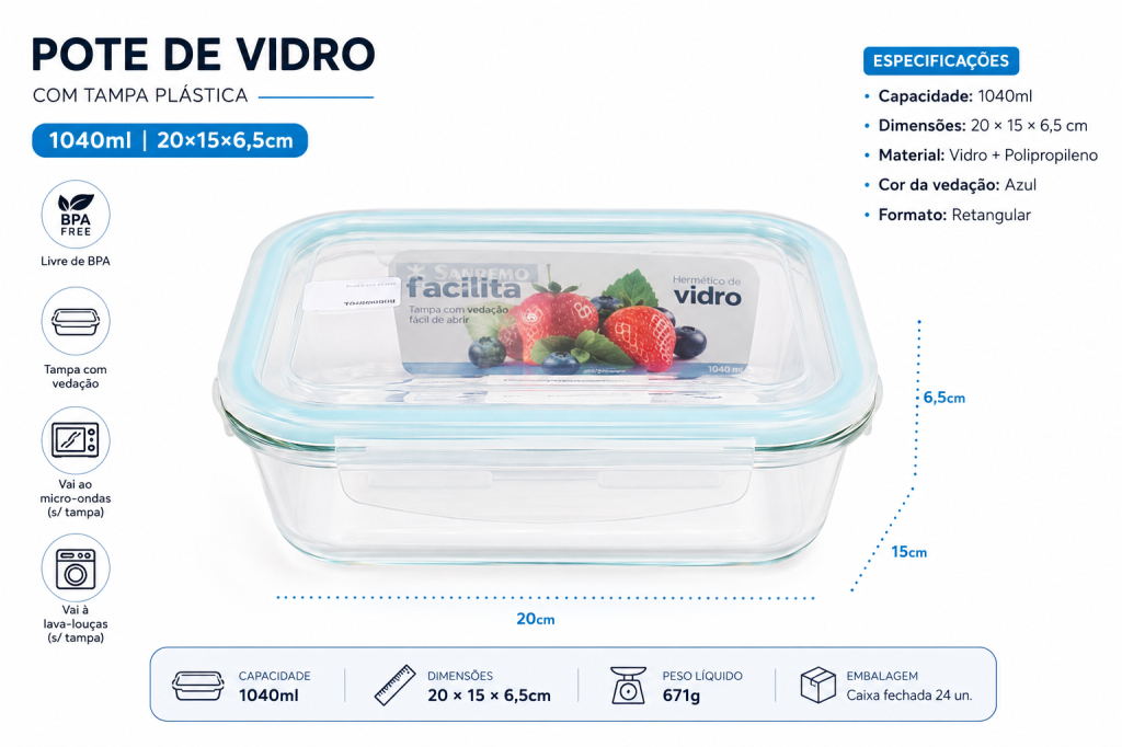 O Pote de Vidro com Tampa Plástica 1.040 ml , Caixa c/ 24 UN, colocar no carrinho somente múltiplos da caixa.