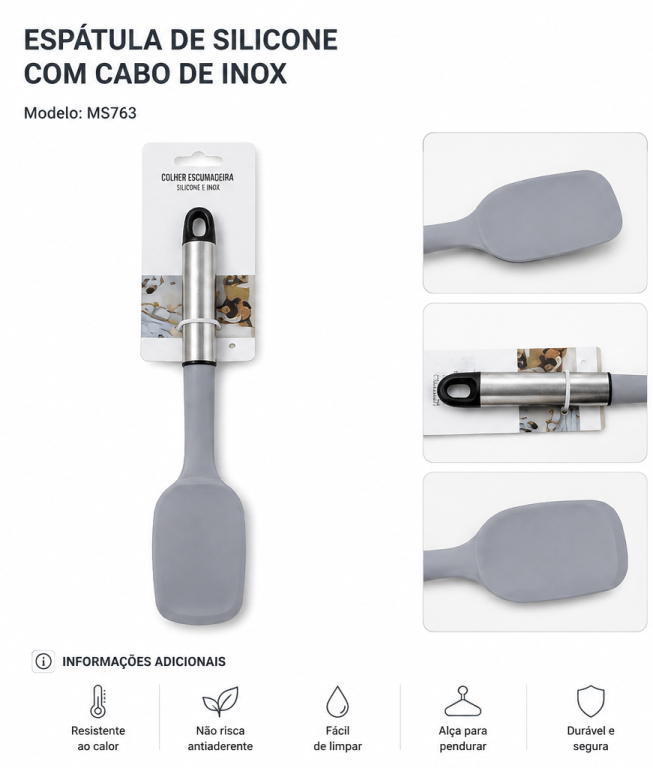 Q Espátula de Inox 300 + Silicone MS763, Pac c/12 UN, colocar no carrinho somente múltiplos do pac.