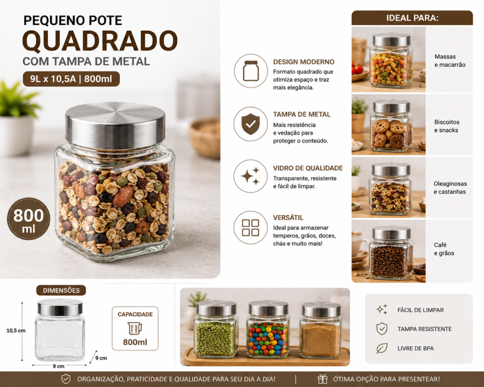 O Pequeno Pote Quadrado com Tampa de Metal 800ml MS973, Caixa c/ 48 UN, colocar no carrinho somente múltiplos da caixa.