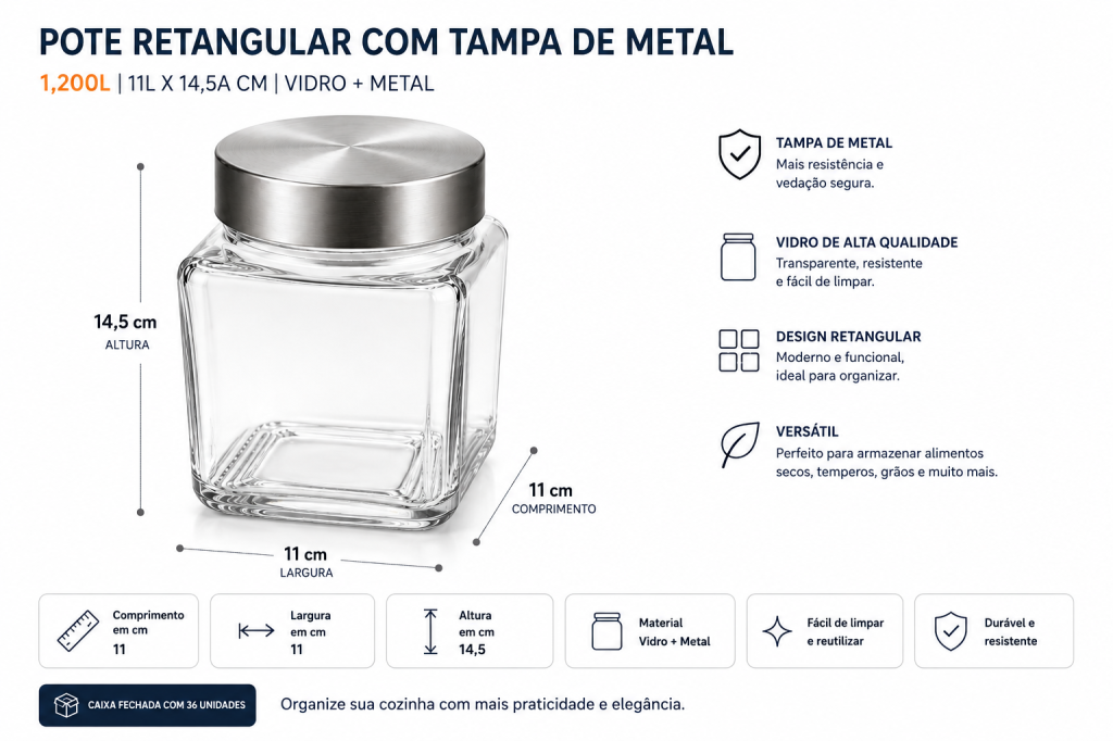 O Pote Retangular com Tampa de Metal 1,200L MS976, Caixa c/ 36 UN, colocar no carrinho somente múltiplos da caixa.