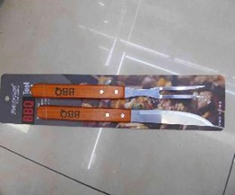 Q Kit Faca + Garfo de Churrasco c/ 2 un Madeira + Inox 420 36/35 cm
