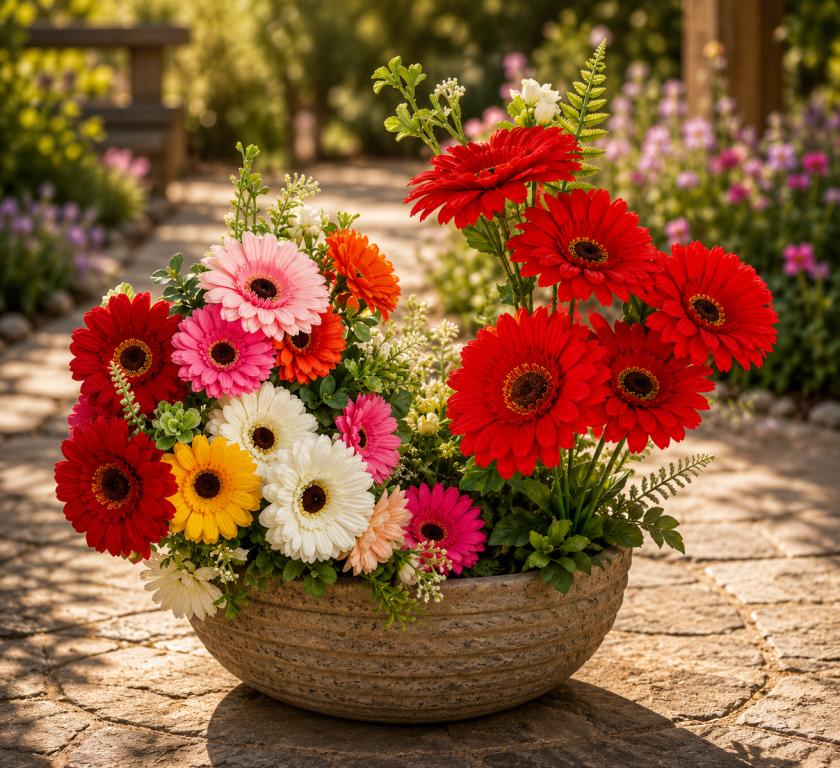 H Mini Buquê Gerbera c/5 Galhos 5 Flores 3 Folhas 1 Acessório 28cm MS488 Pac c/ 12UN,Colocar No Carrinho Múltiplo Do Pac