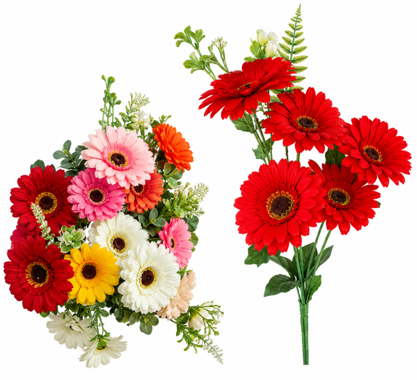 H Mini Buquê Gerbera c/5 Galhos 5 Flores 3 Folhas 1 Acessório 28cm MS488 Pac c/ 12UN,Colocar No Carrinho Múltiplo Do Pac