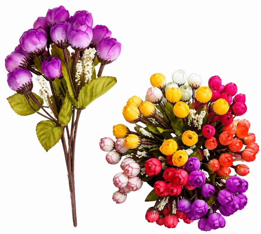 H Mini Buquê c/5 Galhos 15Flores 5Folhas 5Acessórios 23cm MS489 Pac c/ 12UN,Colocar No Carrinho Múltiplo Do Pac