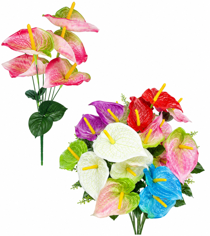 H Mini Buquê Anturio c/ 5 Galhos+5 Flores+3 Folhas cada 32cm MS493 Pac c/ 12 UN, Colocar No Carrinho Múltiplos Do Pac.