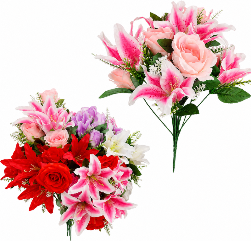 H Mini Buquê Lirio+Rosa c/12 Flores 12 Folhas 6 Acessórios 37cm MS508 Pac c/ 12UN,Colocar No Carrinho Múltiplos Do Pac