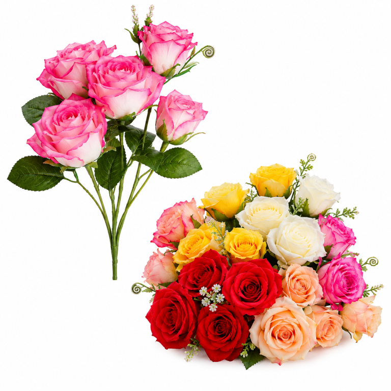 H Mini Buquê Rosa c/ 7 Flores 3 Folhas 10 Gramas cada 36cm MS500 Pac c/ 12 UN, Colocar No Carrinho Múltiplos Do Pac.
