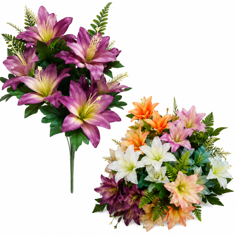 H Mini Buquê Lirio c/  9 Flores 9 Folhas 4 Acessórios 31cm MS499 Pac c/ 12 UN, Colocar No Carrinho Múltiplos Do Pac