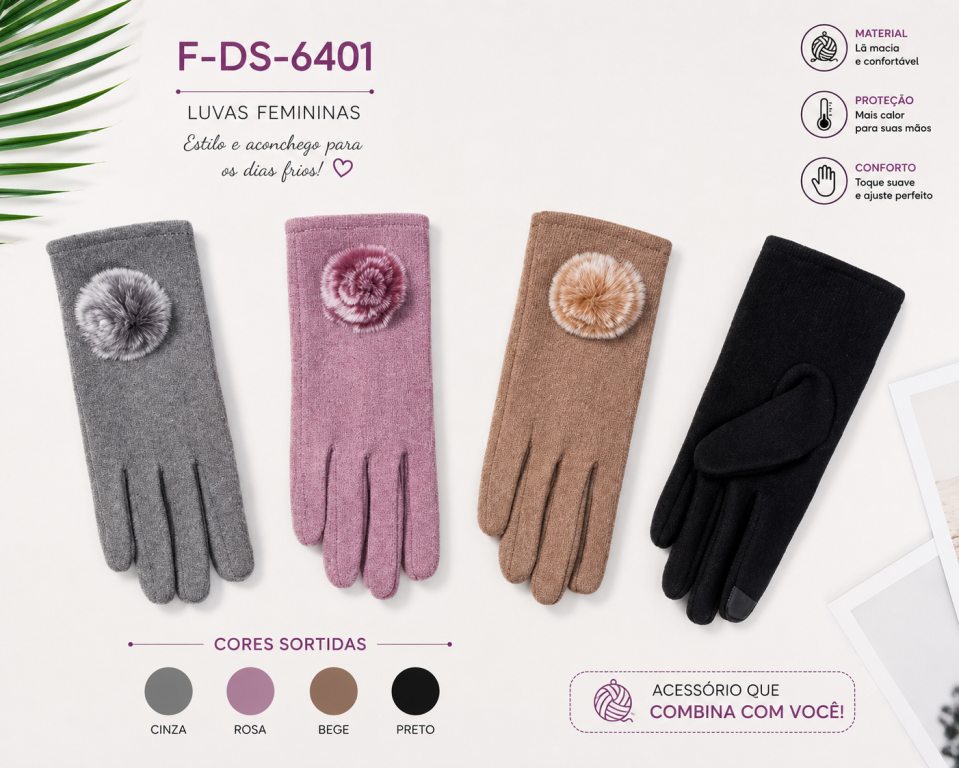 F Luva Feminina Touchscreen F-DS-6401 Diversas Cores Pac C/12 UN, Colocar no Carrinho Somente Multiplos do Pac.