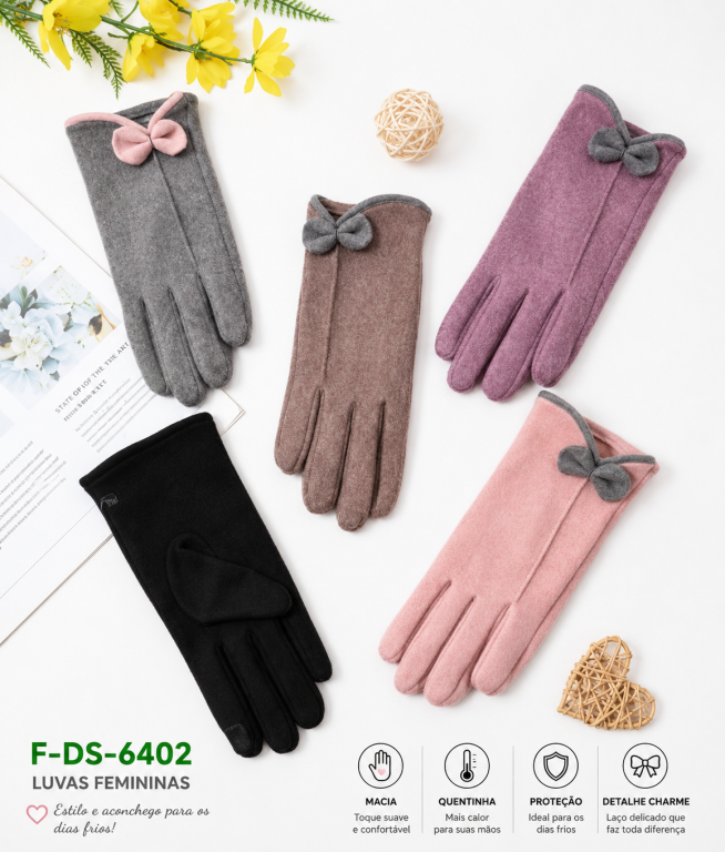 F Luva Feminina de Inverno com Laço F-DS-640 Diversas Cores Pac C/12 UN, Colocar no Carrinho Somente Multiplos do Pac.