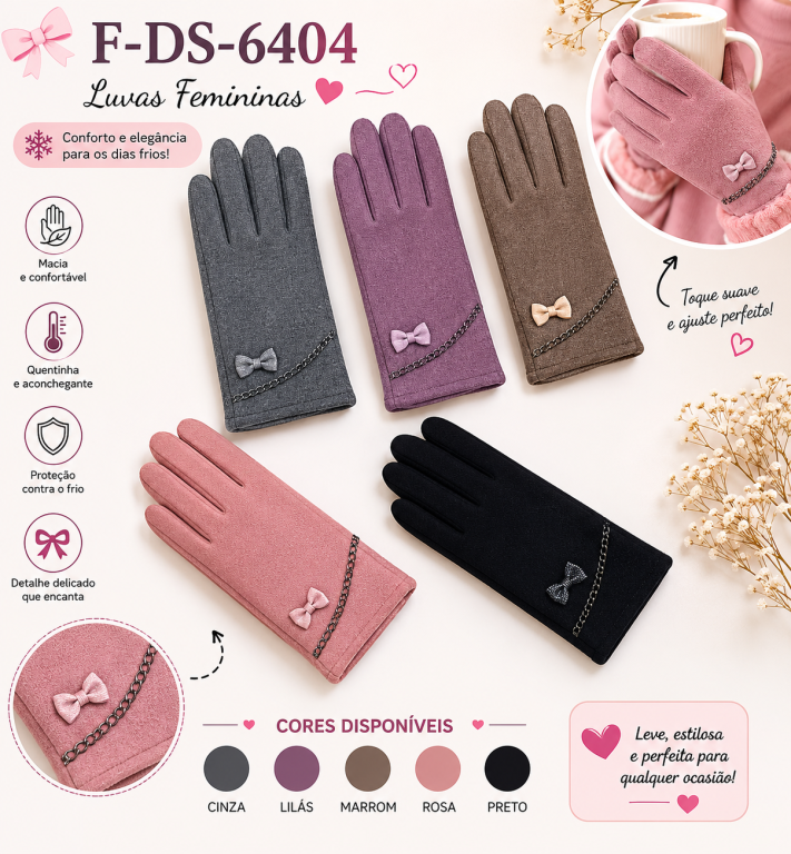 F Luva Feminina com Laço Minimalista F-DS-6404 Diversas Cores Pac C/12 UN, Colocar no Carrinho Somente Multiplos do Pac.
