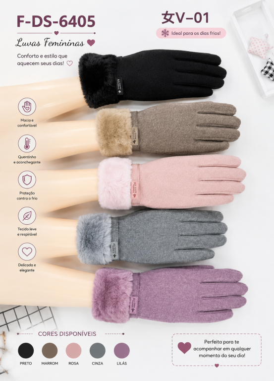 F Luva Feminina Peluciada de Inverno F-DS-6405 Diversas Cores Pac C/12 UN, Colocar no Carrinho Somente Multiplos do Pac.