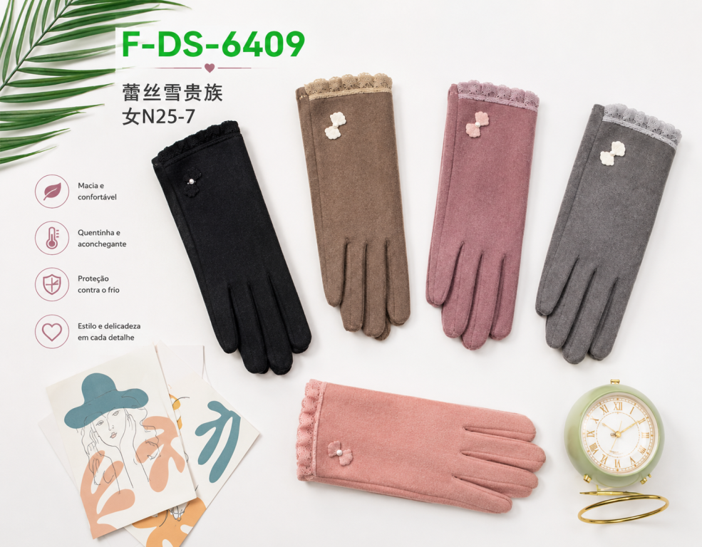 F Luva Feminina Floral F-DS-6409 Diversas Cores valor Pac C/12 UN, Colocar no Carrinho Somente Multiplos do Pac.