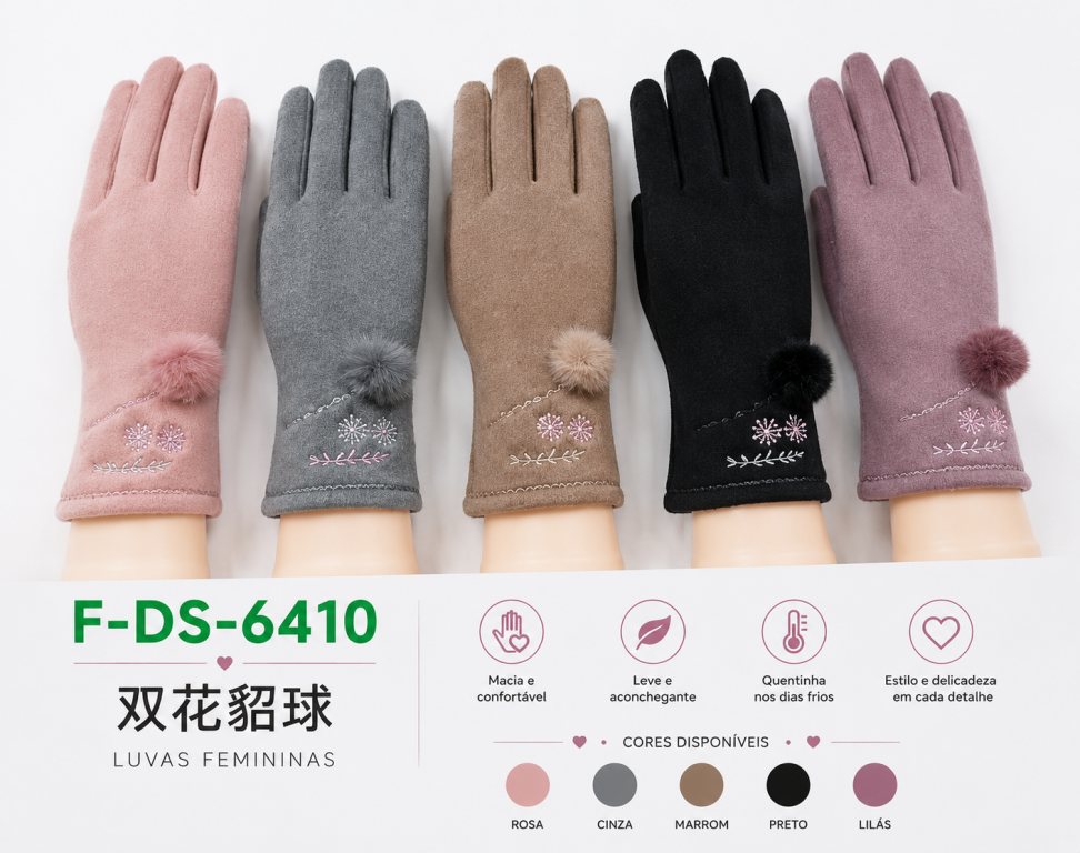 F Luva Feminina Peluciada Pompom F-DS-6410 Diversas Cores Pac C/12 UN, Colocar no Carrinho Somente Multiplos do Pac.