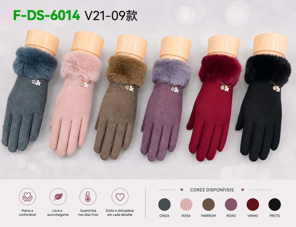 F Luva Feminina Peluciada Premium F-DS-6414 Diversas Cores Pac C/12 UN, Colocar no Carrinho Somente Multiplos do Pac.