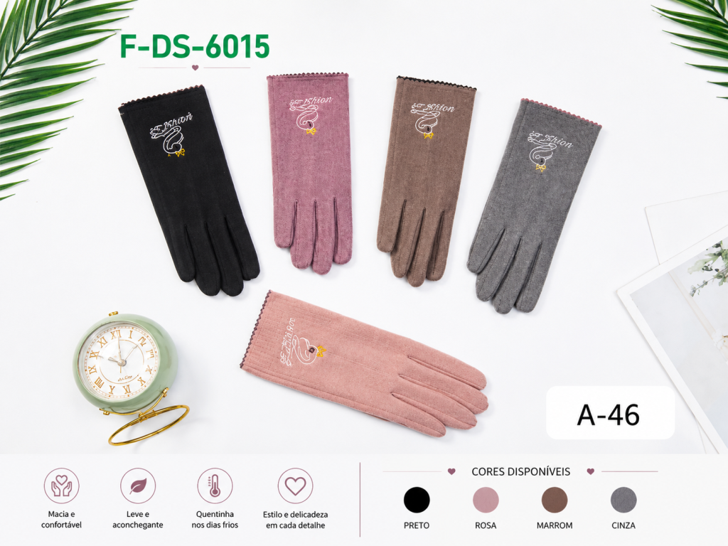 F Luva Feminina de Inverno Bordada F-DS-6415 Diversas Cores Pac C/12 UN, Colocar no Carrinho Somente Multiplos do Pac.